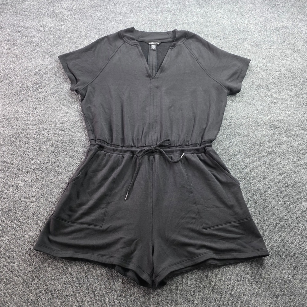 Athleta Coaster Romper Black Fleece Tencel Modal Short Sleeve V-Neck Large L‎
